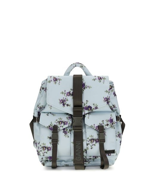 Ganni Blue Re-Tech Nylon Backpack With Floral Pattern