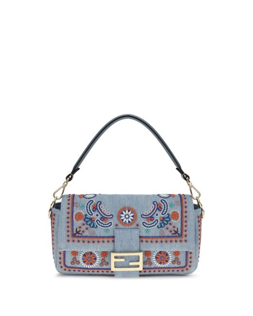 Fendi Blue Shoulder Bag Multicolour Embroidered Denim