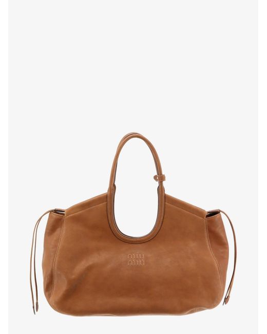 Miu Miu Brown Ivy Leather Handbag With Front Lettering Logo