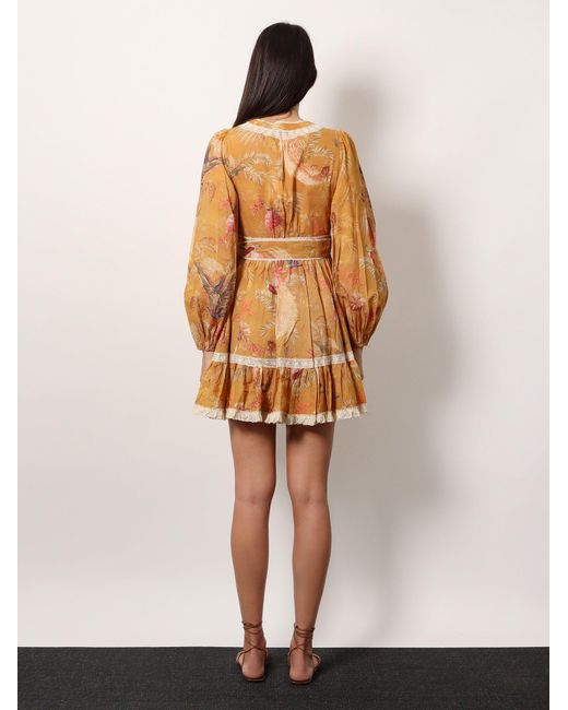 Zimmermann Natural Frill Cotton Short Dress With Floral Print