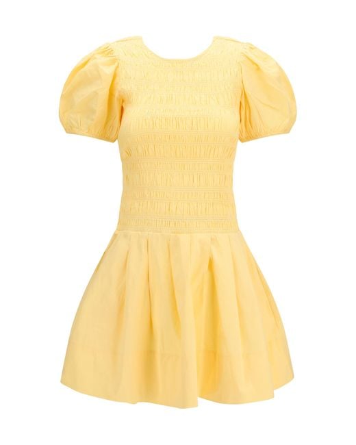 Ganni Yellow Stretch Cotton Mini Dress With Balloon Sleeves