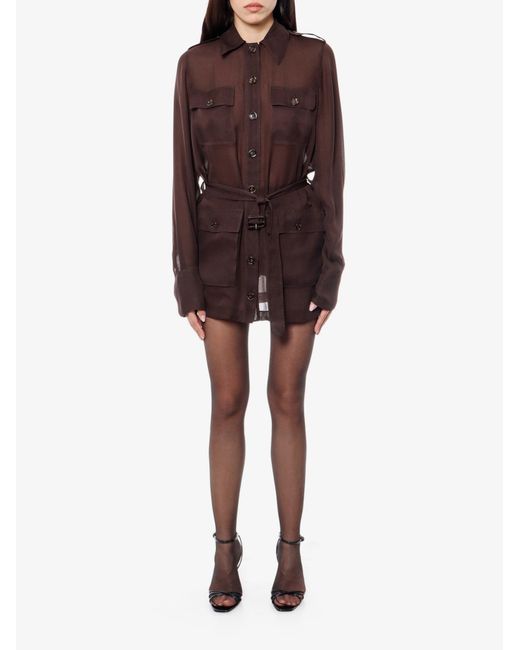 Saint Laurent Brown Organic Silk Dress With Waist Belt