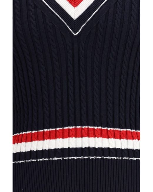 Thom Browne Blue Intarsia Cable-Knit V-Neck Sweater for men