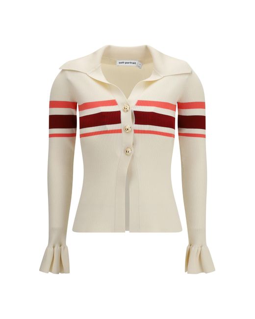 Self-Portrait White Striped Viscose Knit Button Top