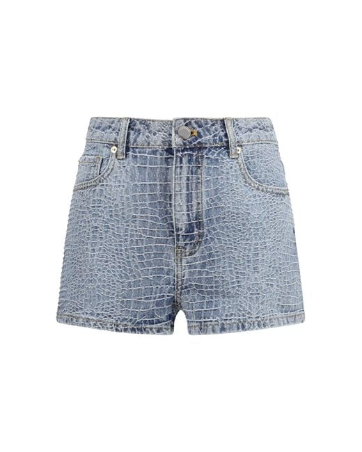 Women's Blue Denim Shorts With Croc Effect And Rhinestones