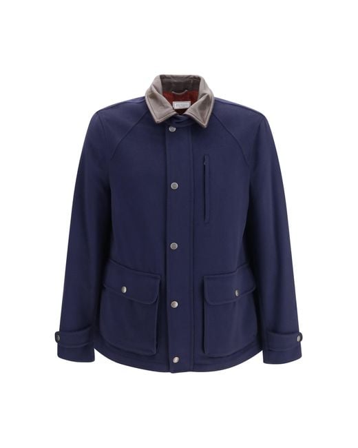 Brunello Cucinelli Blue Virgin Wool Jacket With Nappa Inserts for men