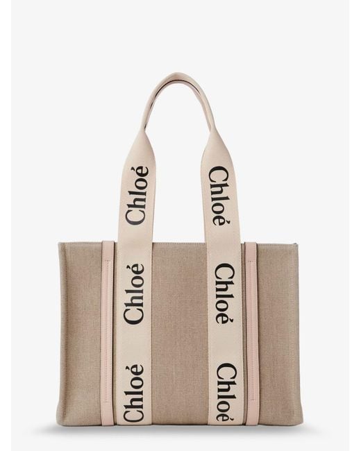 Chloé Natural Woody Linen Shoulder Bag With Leather Inserts