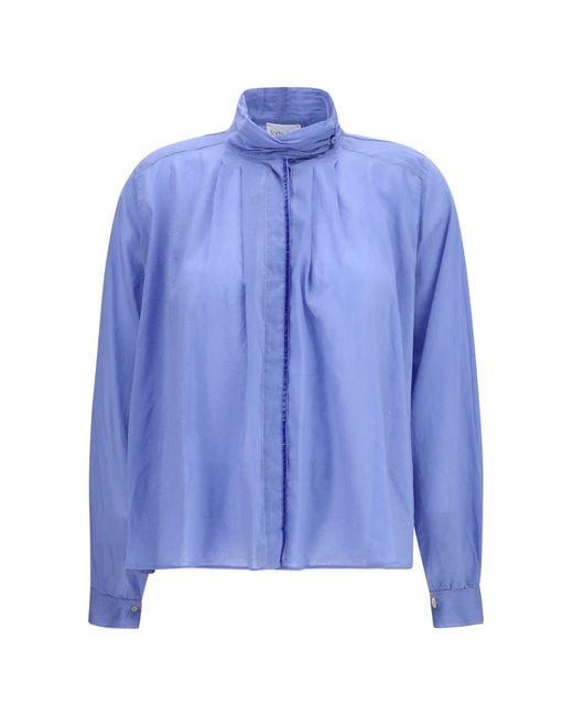 Forte_forte Blue Pleated High-Neck Blouse Oxford