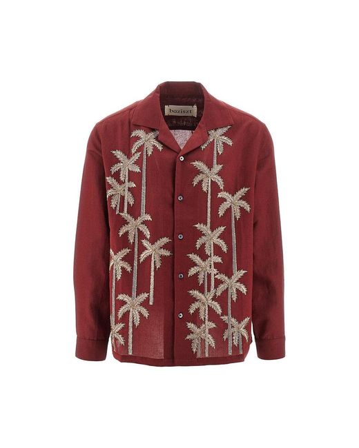 BAZISZT Red 'Palm Groove' Cotton And Hemp Shirt for men