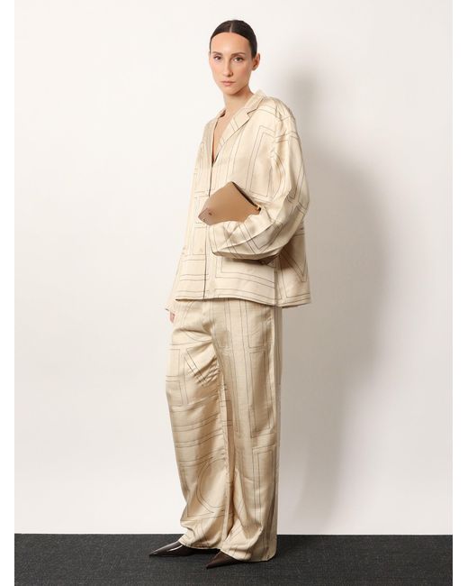 Totême Natural Silk Trousers With Monogram Logo Embroidery