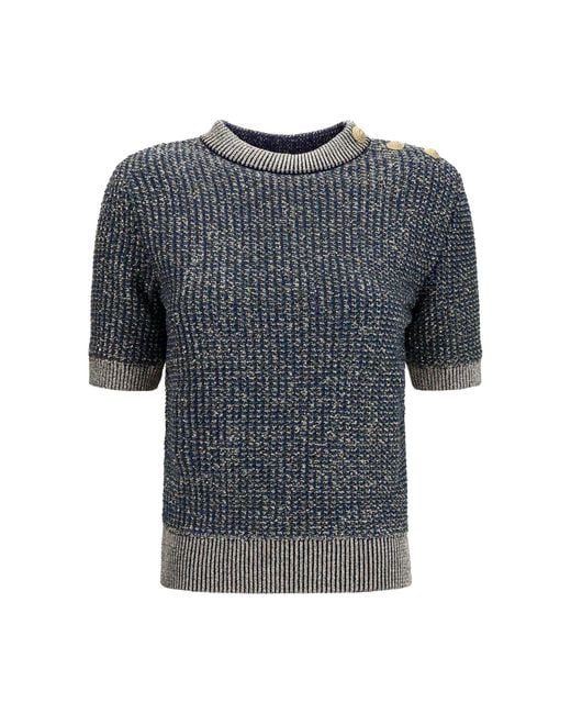 Balmain Gray Short-Sleeve Sequin Sweater