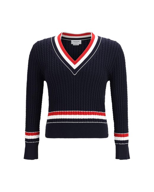 Thom Browne Blue Intarsia Cable-Knit V-Neck Sweater for men