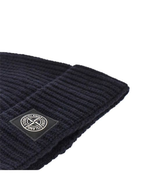 Stone Island Blue Virgin Wool Beanie Hat With Logo Patch for men