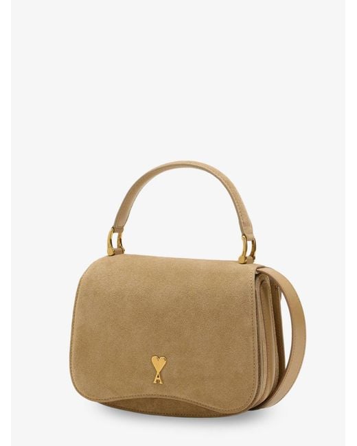 AMI Natural Suede Crossbody Bag With Metal Logo On The Front