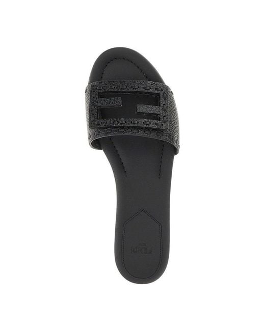 Fendi Black 'Baguette' Grained Leather Slides