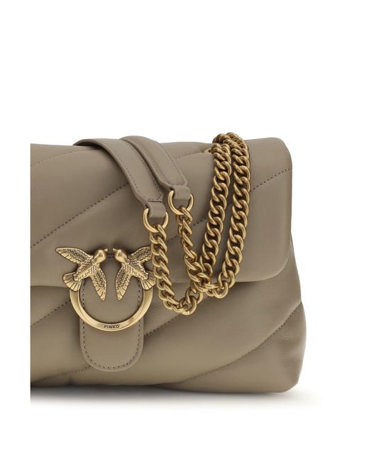 Pinko Gray Love Classic Leather Shoulder Bag