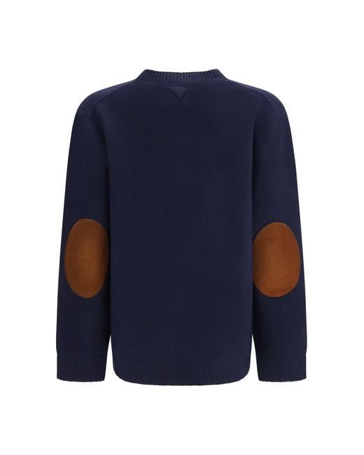 Prada Blue Crewneck Sweater With Suede Elbow Patches