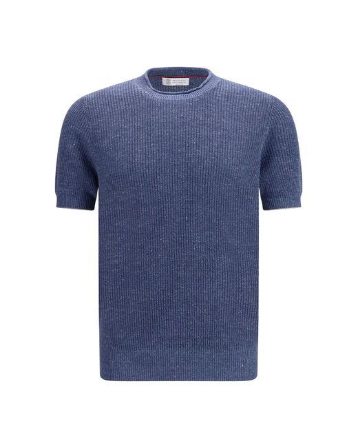 Men's Blue Cotton And Linen Knit T-Shirt