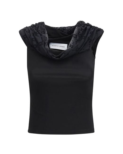 MARINE SERRE Black Off Shoulder Draped Top