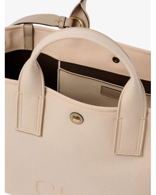 Chloé Natural Chloé Carry Striped Jacquard Fabric Crossbody Bag With Oversized Logo On The Front