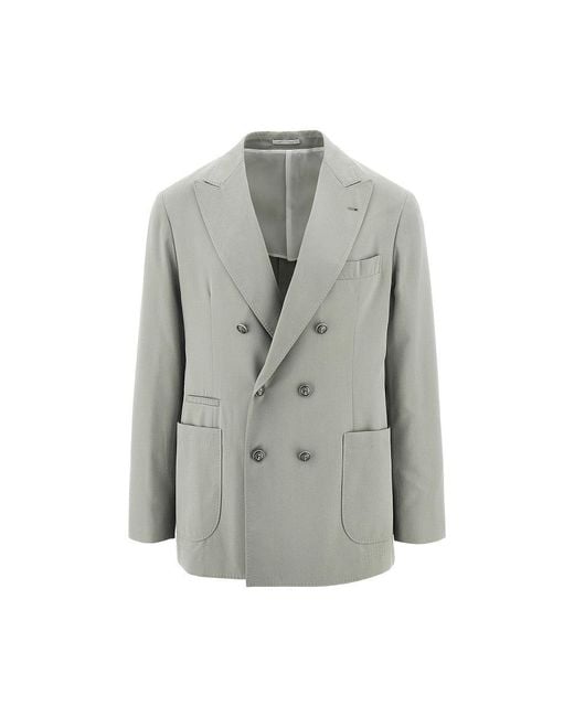 Brunello Cucinelli Gray Silk-Twill Double-Breasted Jacket for men