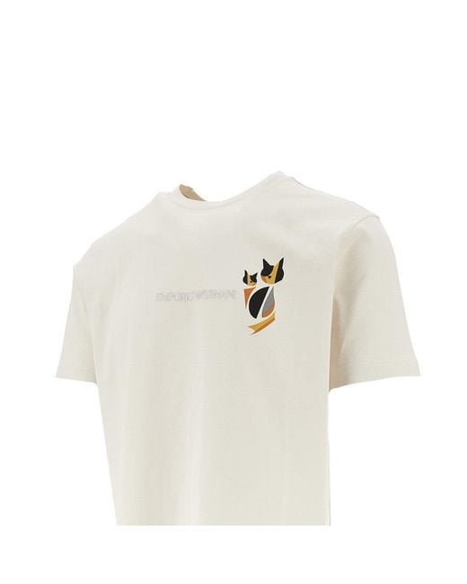 Emporio Armani White Après Cats And Logo Embroidery Print T-Shirt for men