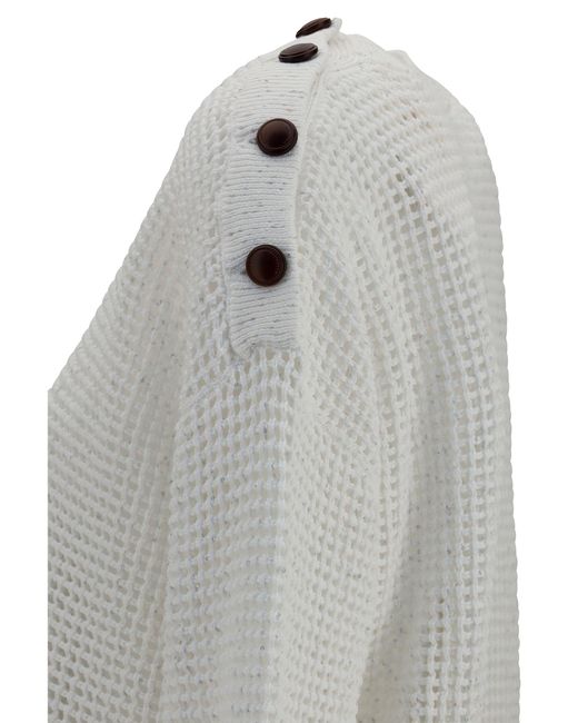 Brunello Cucinelli White Openwork Sweater With Shoulder Buttons