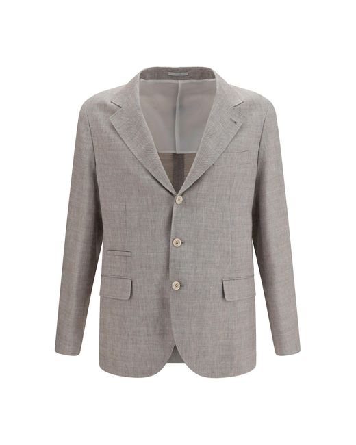 Brunello Cucinelli Gray Jacket Chevron Linen And Wool for men