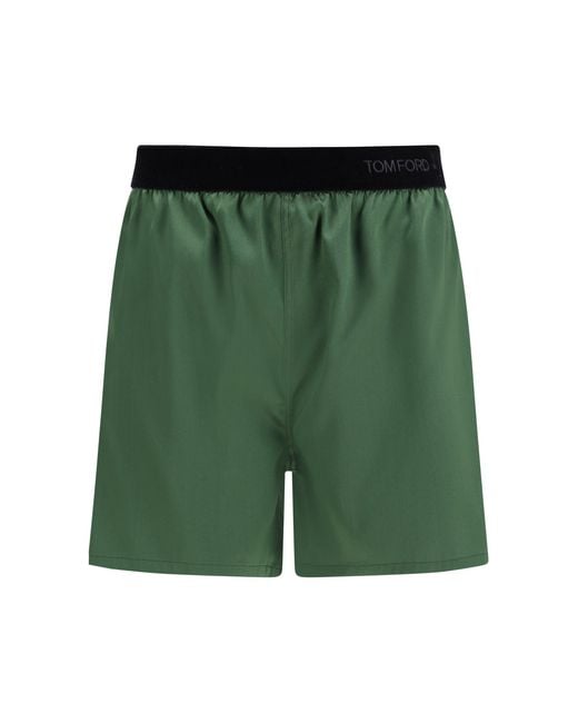 Tom Ford Green Stretch Silk Satin Pj Shorts
