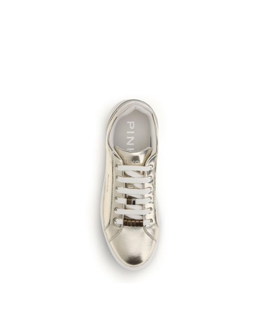 Pinko White Gold Calf Leather Bos Taurus Platform Sneakers