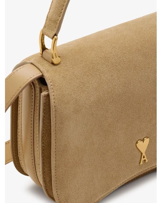 AMI Natural Suede Crossbody Bag With Metal Logo On The Front