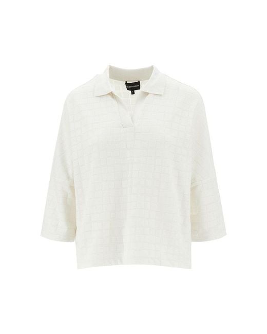 Emporio Armani White Jacquard Knit Polo Shirt