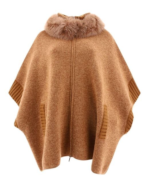 Women's Brown Cape With Fur Inserts Coats