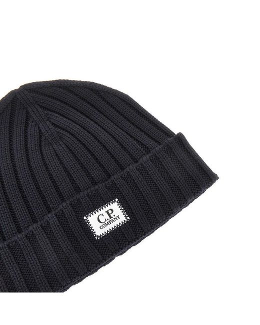 C P Company Blue Knitted Beanie Hat With Logo Patch for men