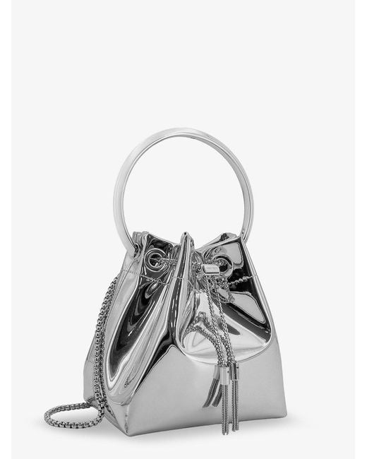 Jimmy Choo White Bonbon Mirrored Fabric Bucket Bag