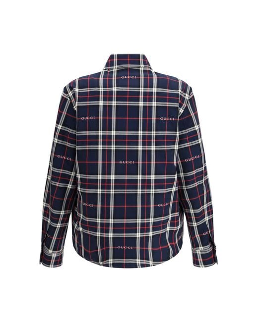 Gucci Blue Padded Tartan Cotton Jacquard Shirt for men