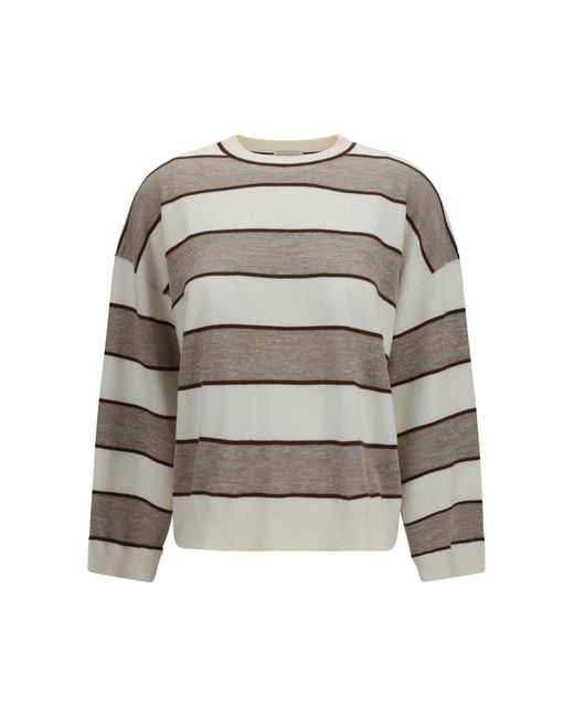 Brunello Cucinelli White Striped Long-Sleeve Sweater
