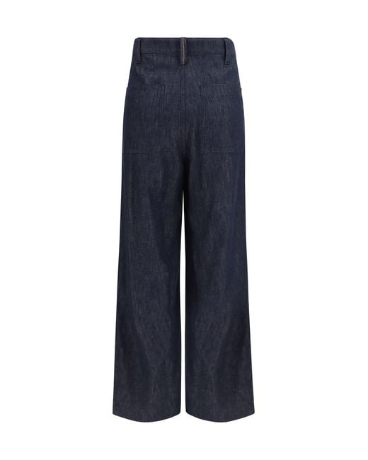 Brunello Cucinelli Blue Denim Effect Twill Wide Pants