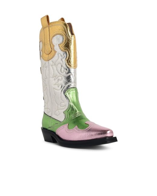 Ganni Green 'Western' Embroidered Boots With Medium Leg