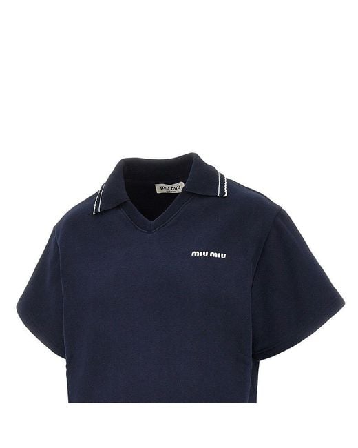 Miu Miu Blue Short-Sleeved Cropped Sweatshirt With Collar