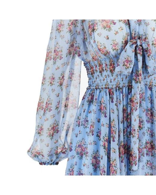 Dolce & Gabbana Blue Bunch Of Flowers Print Chiffon Midi Dress