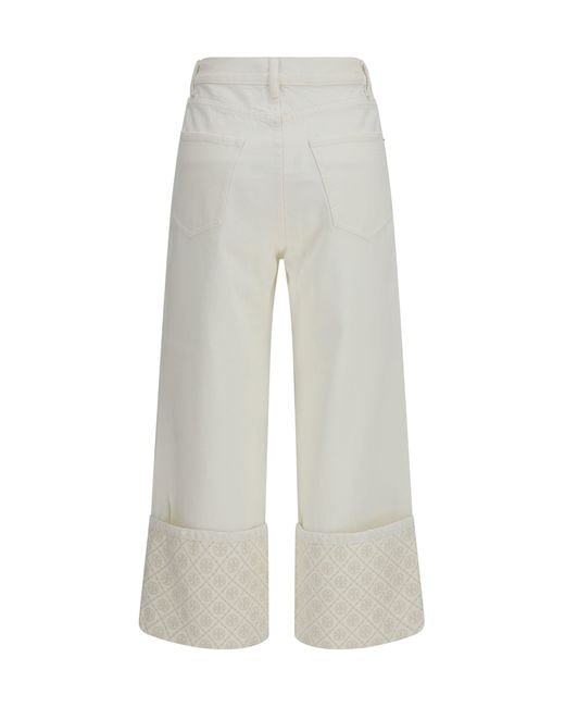 Tory Burch White Straight-Leg Jeans With T Monogram Cuffs