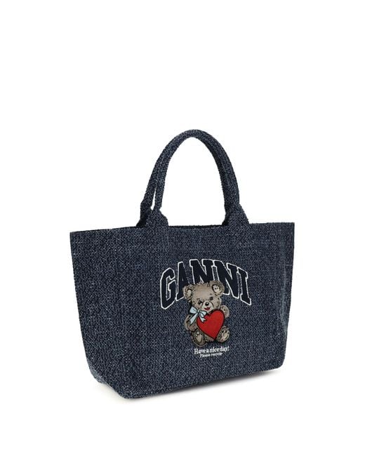 Ganni Blue Medium Denim Tote Bag With Bear