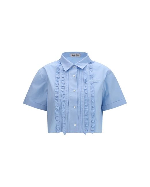 Women's Blue Poplin Shirt With Ruffle Details