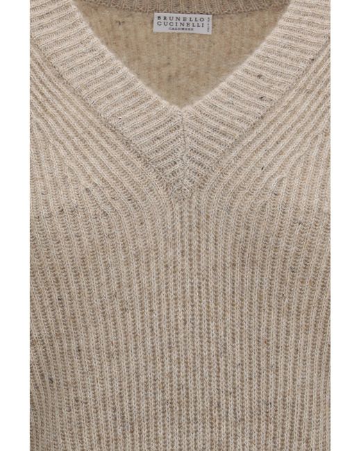 Brunello Cucinelli Natural Cashmere And Mohair V-Neck Sweater