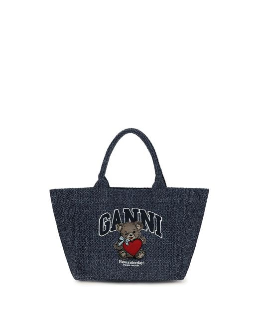 Ganni Blue Medium Denim Tote Bag With Bear