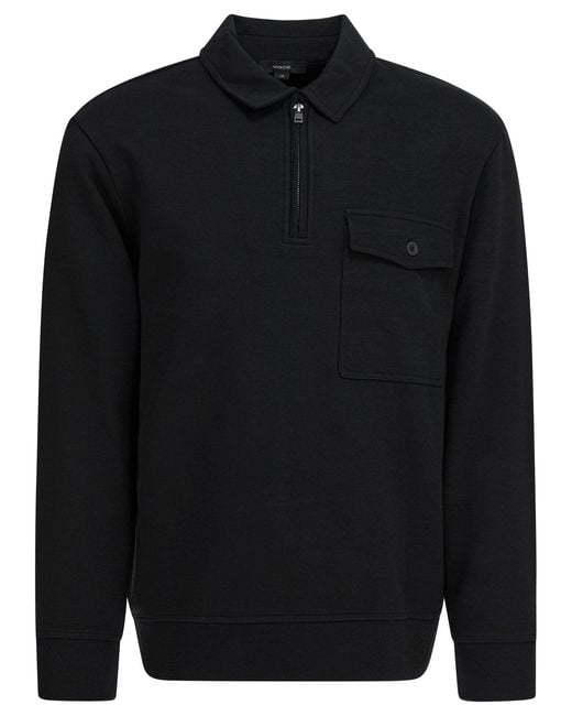 Vince Black Cotton Blend Zippered Polo Shirt for men