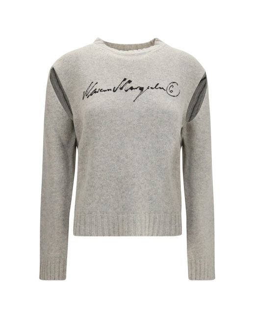 MM6 by Maison Margiela Gray Knitted Sweater With Logo Lettering Melange