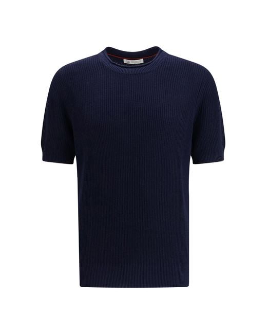 Brunello Cucinelli Blue Cotton And Linen Knit T-Shirt for men