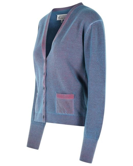 Maison Margiela Blue Virgin Wool Cardigan With Light And V-Neck